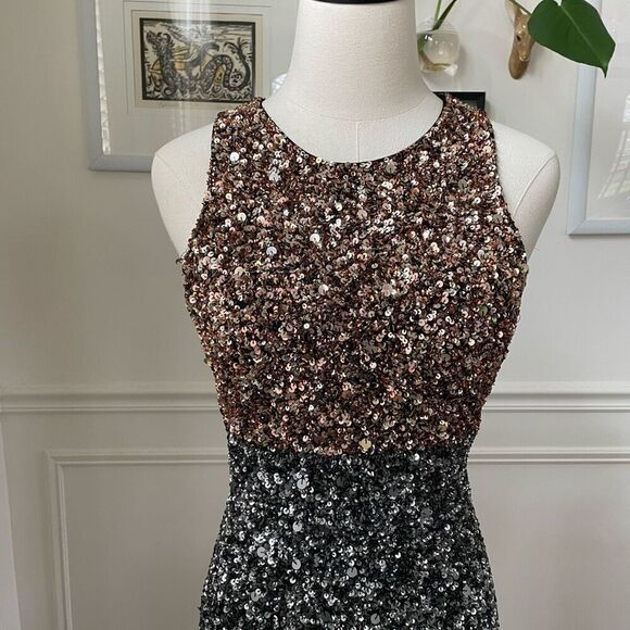 French Connection Sequin Cocktail Dress Metallic Colorblock Stripe Gold Silver 4 - Picture 3 of 10